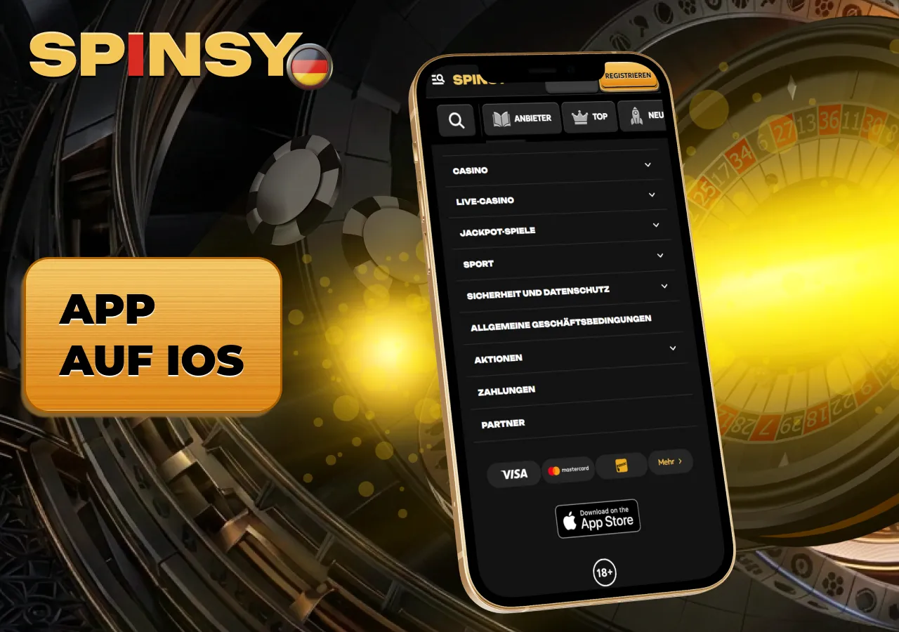 iOS-App von Spinsy Casino für mobiles Spielen und Wetten auf Apple-Geräten.